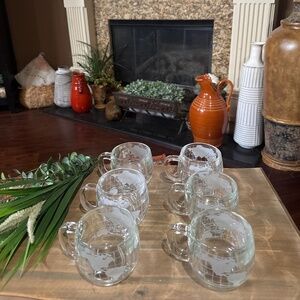 Nestle Nescafe World Globe Coffee Mugs Cups Clear Glass White Etched Set of 6